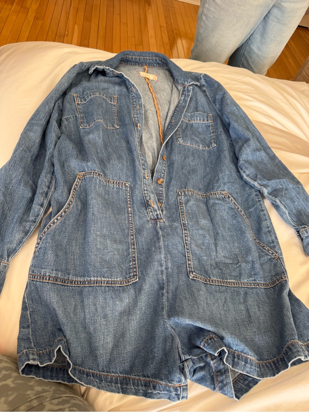 Hatch Light Blue Denim Short Overalls Romper